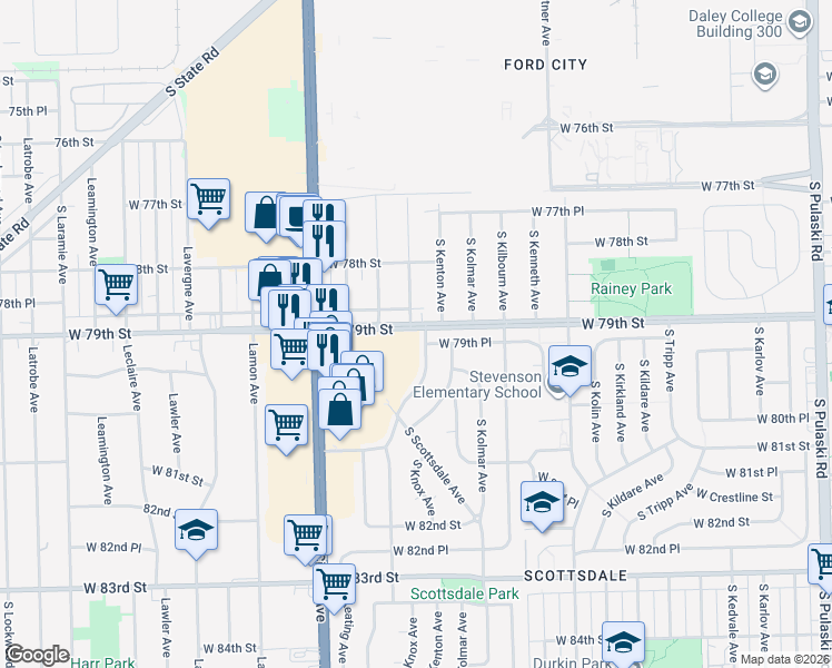 map of restaurants, bars, coffee shops, grocery stores, and more near 4636 West 79th Street in Chicago