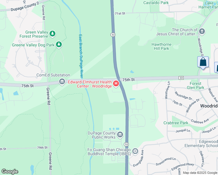 map of restaurants, bars, coffee shops, grocery stores, and more near 3333 75th Street in Woodridge