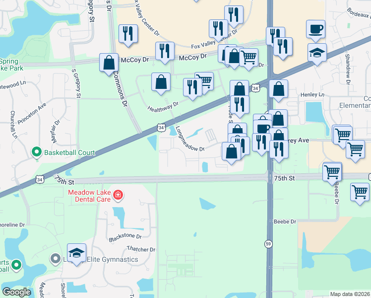 map of restaurants, bars, coffee shops, grocery stores, and more near 4122 Longmeadow Drive in Aurora