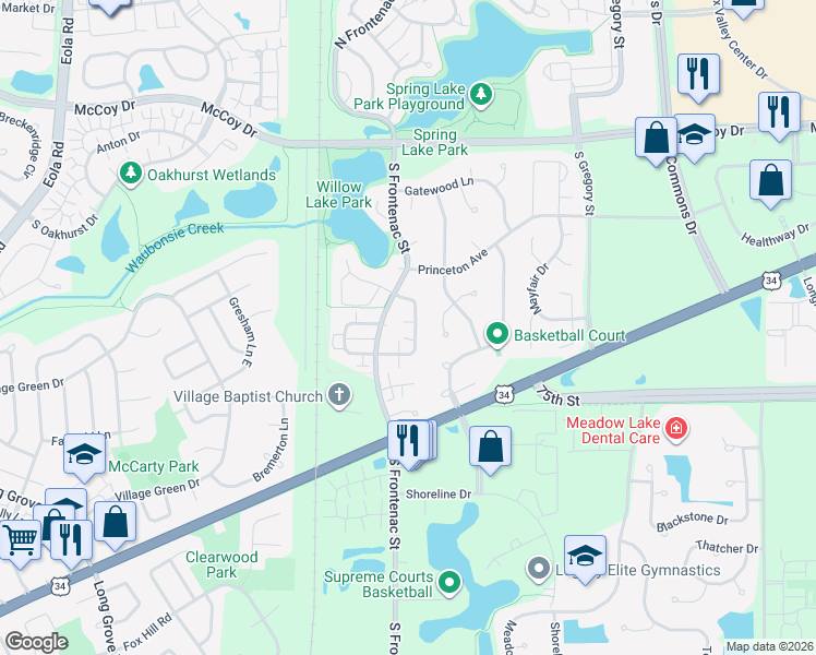 map of restaurants, bars, coffee shops, grocery stores, and more near 291 Park Ridge Lane in Aurora