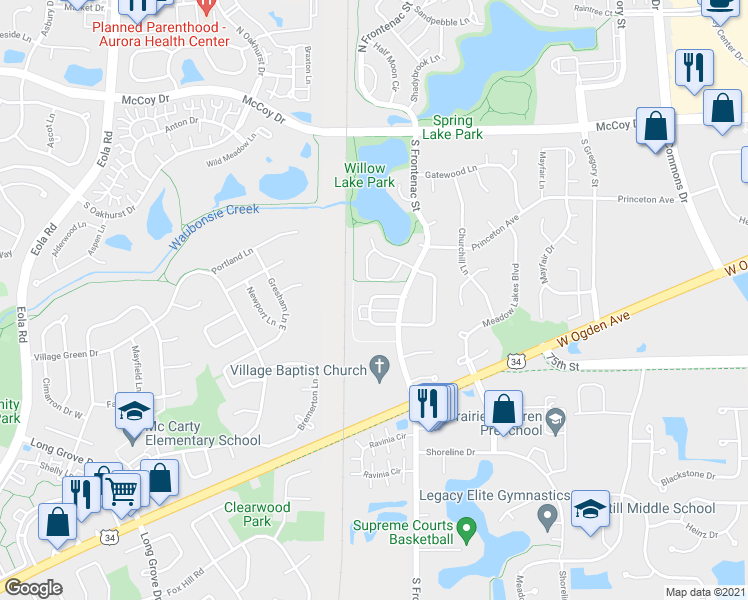map of restaurants, bars, coffee shops, grocery stores, and more near 380 Echo Lane in Aurora