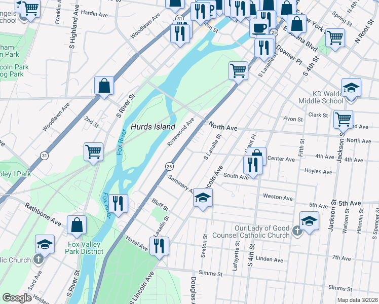 map of restaurants, bars, coffee shops, grocery stores, and more near 340 South Broadway in Aurora
