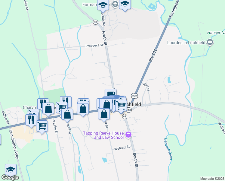 map of restaurants, bars, coffee shops, grocery stores, and more near 60 North Street in Litchfield