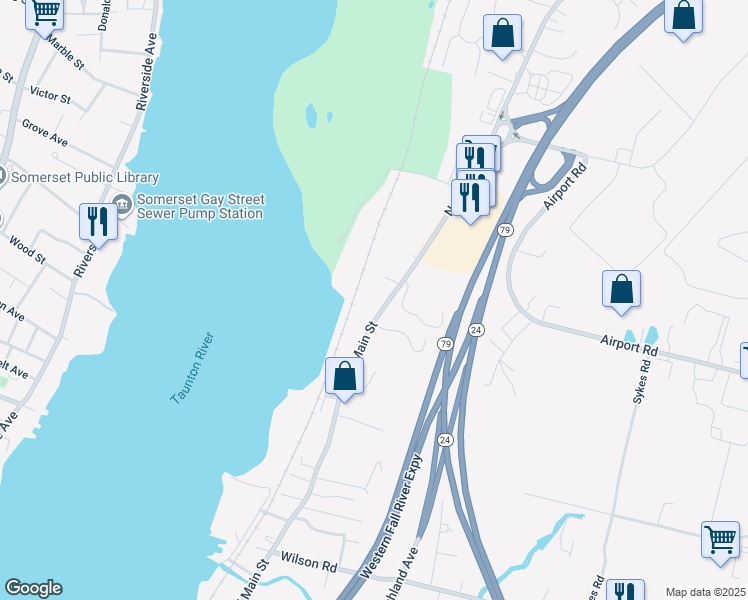 map of restaurants, bars, coffee shops, grocery stores, and more near 3916 North Main Street in Fall River
