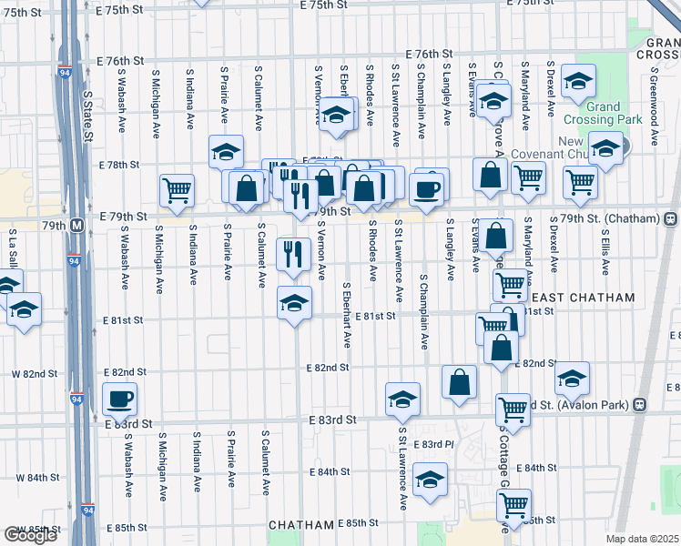 map of restaurants, bars, coffee shops, grocery stores, and more near 8004 South Eberhart Avenue in Chicago