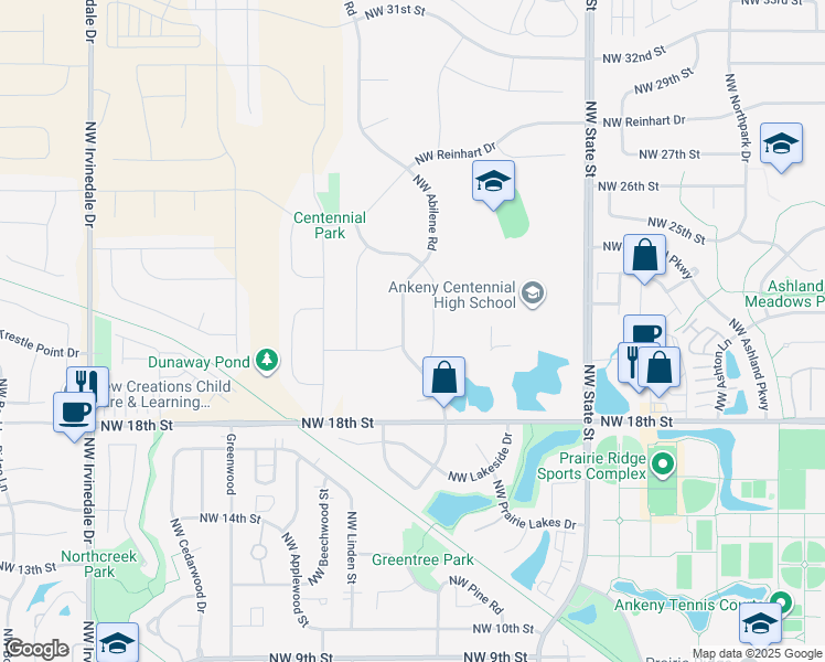 map of restaurants, bars, coffee shops, grocery stores, and more near 2105 Northwest Abilene Road in Ankeny