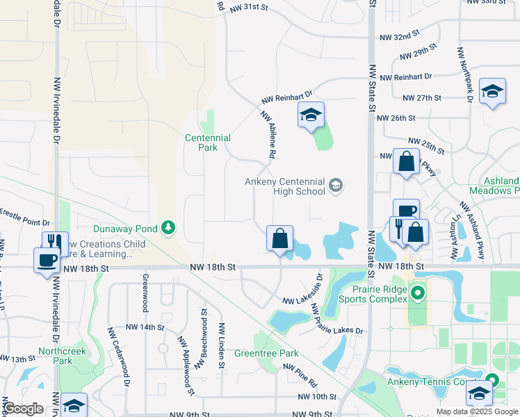 map of restaurants, bars, coffee shops, grocery stores, and more near 2114 Northwest Abilene Road in Ankeny