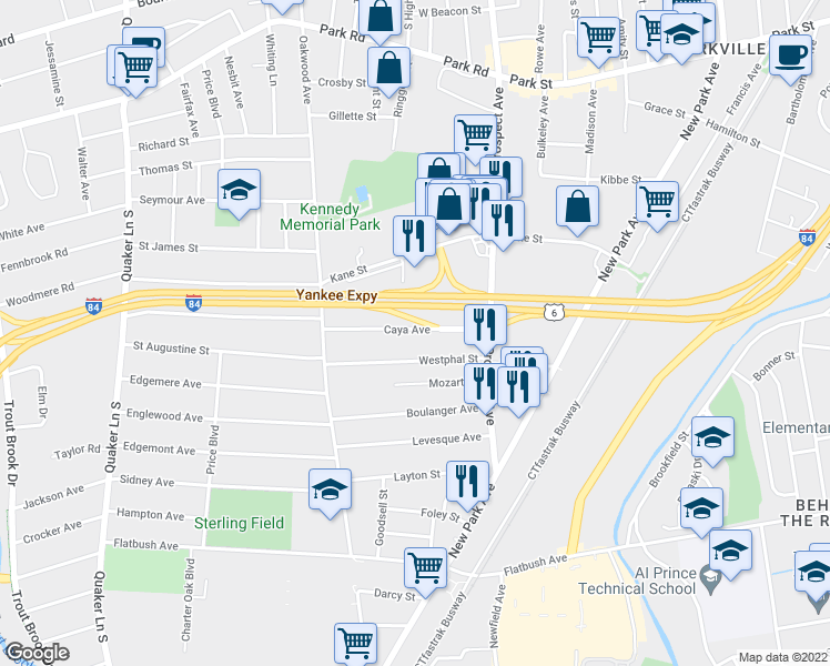 map of restaurants, bars, coffee shops, grocery stores, and more near 63 Caya Avenue in West Hartford