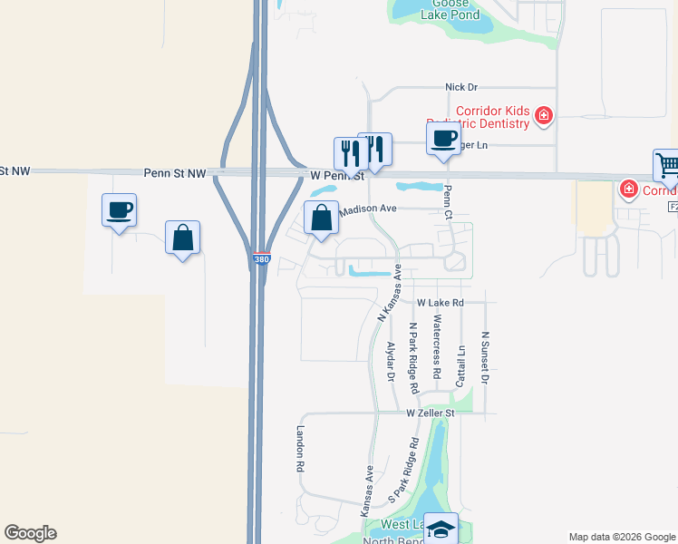 map of restaurants, bars, coffee shops, grocery stores, and more near 425 Glenmoor Place in North Liberty