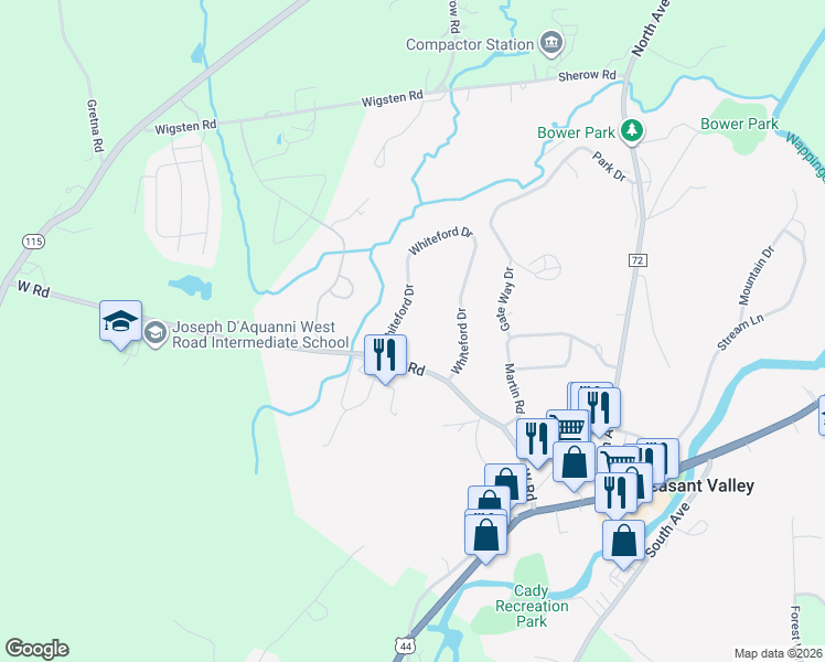 map of restaurants, bars, coffee shops, grocery stores, and more near 22 Whiteford Drive in Pleasant Valley