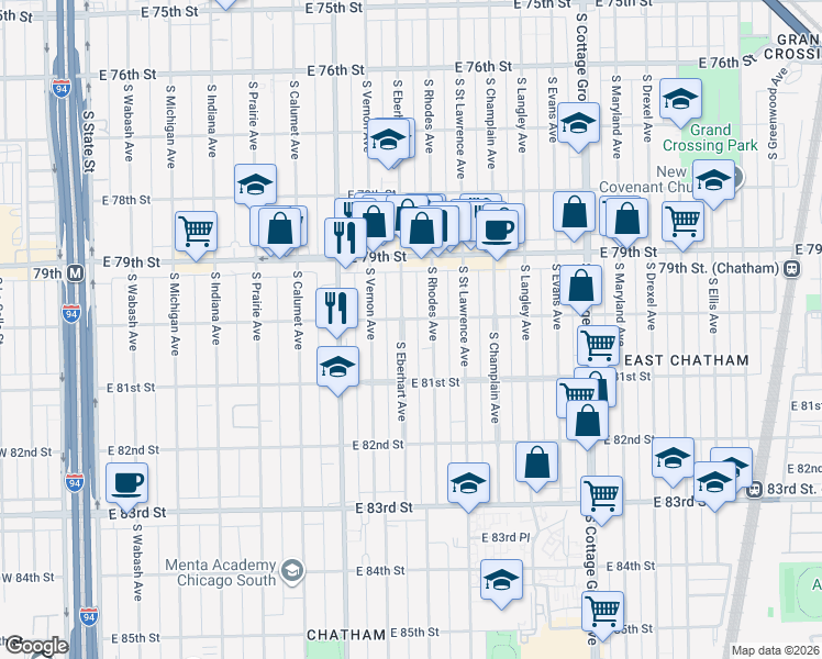 map of restaurants, bars, coffee shops, grocery stores, and more near 7959 South Eberhart Avenue in Chicago