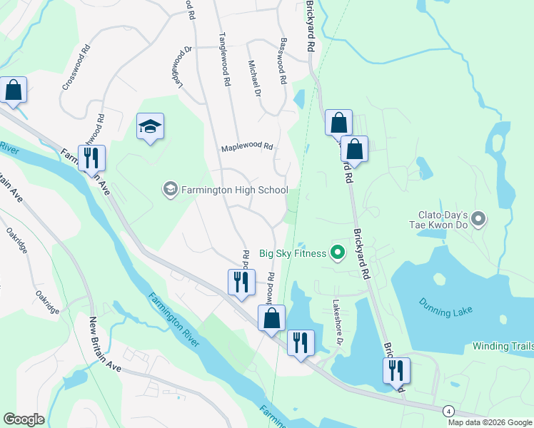 map of restaurants, bars, coffee shops, grocery stores, and more near 44 Wyndwood Road in Farmington