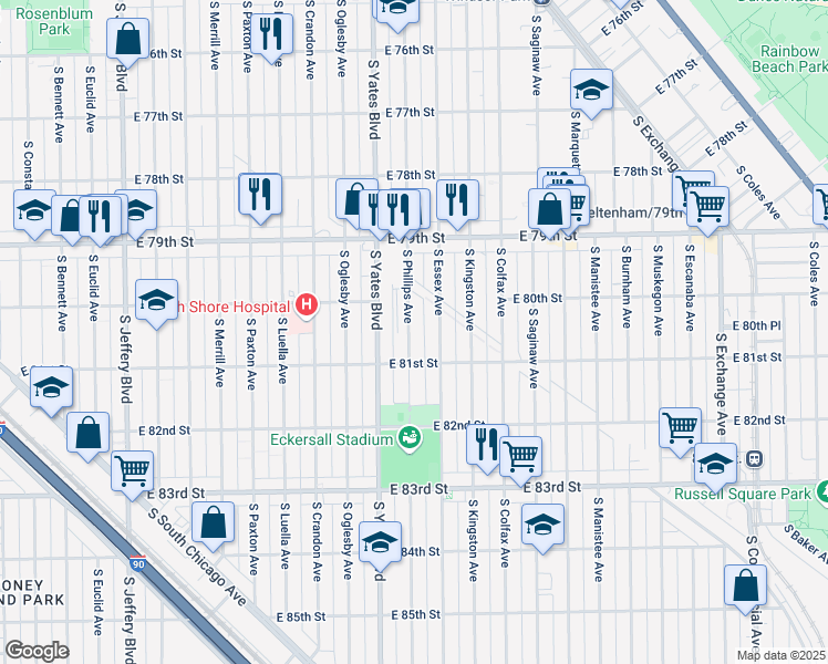 map of restaurants, bars, coffee shops, grocery stores, and more near 8014 South Phillips Avenue in Chicago