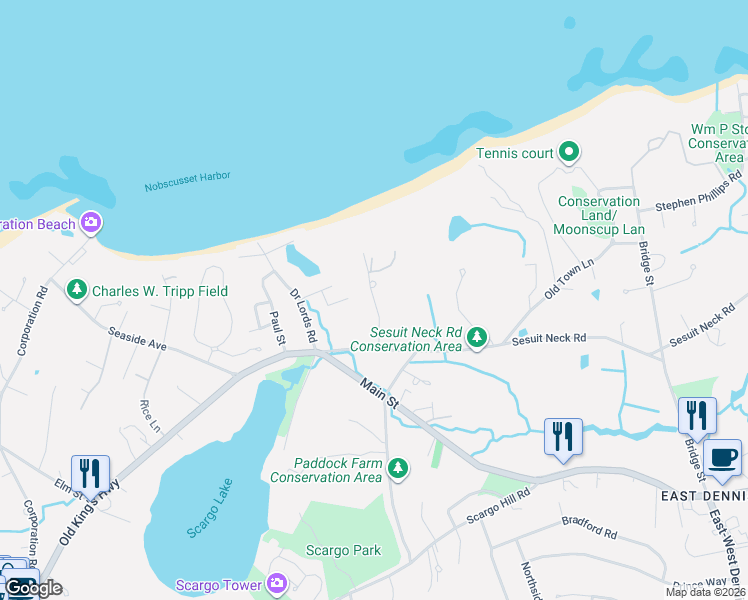 map of restaurants, bars, coffee shops, grocery stores, and more near Oliver Drive in Dennis