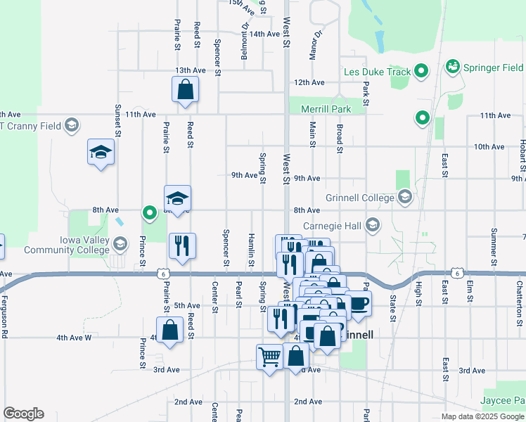 map of restaurants, bars, coffee shops, grocery stores, and more near 1298 Spring Street in Grinnell