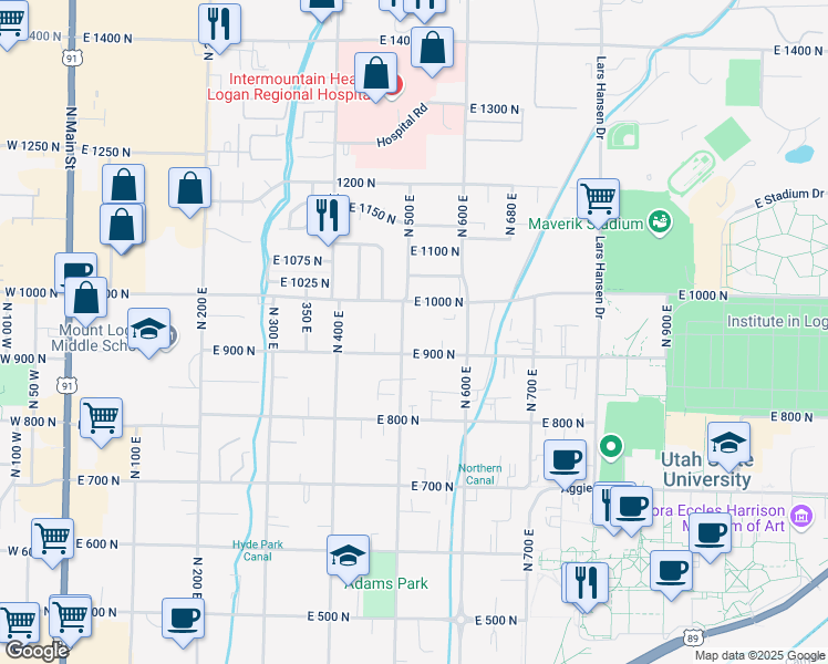 map of restaurants, bars, coffee shops, grocery stores, and more near 560 East 1000 North in Logan
