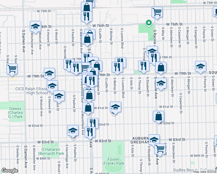 map of restaurants, bars, coffee shops, grocery stores, and more near 7945 South Laflin Street in Chicago