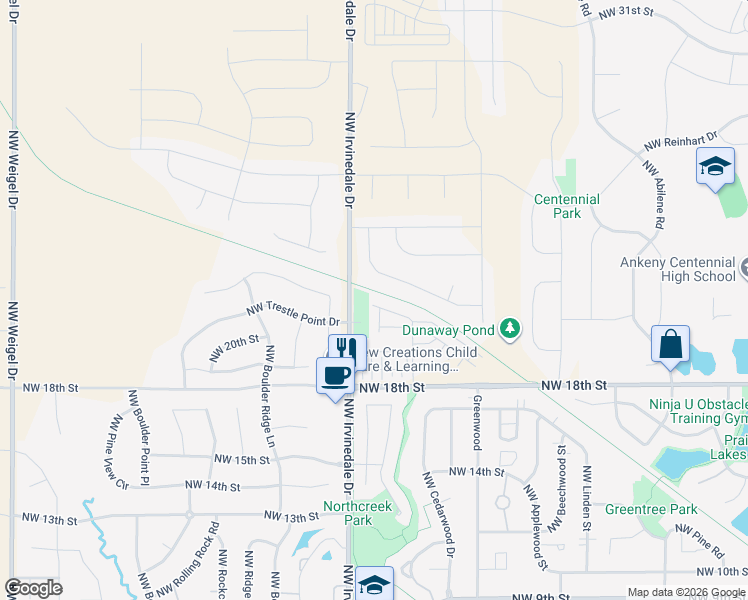 map of restaurants, bars, coffee shops, grocery stores, and more near 2813 Northwest 21st Street in Ankeny