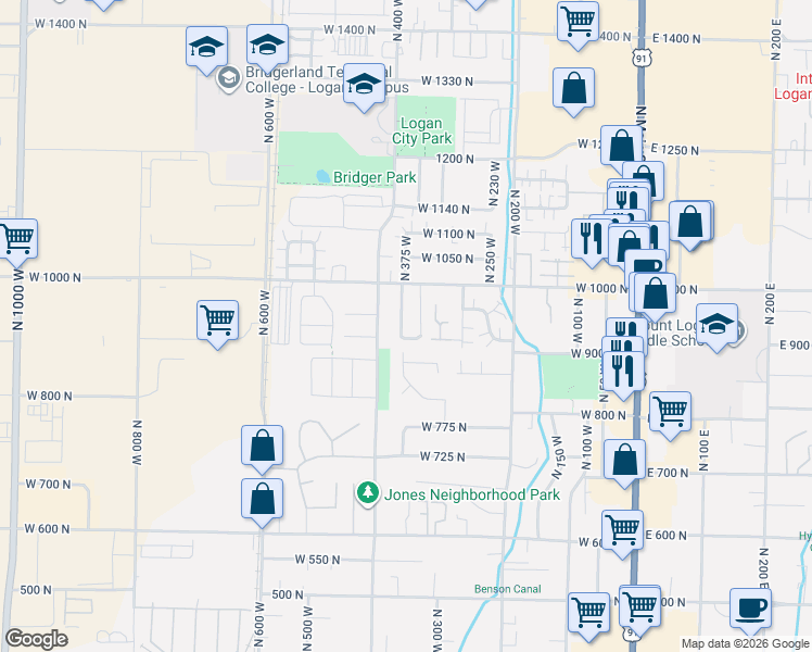map of restaurants, bars, coffee shops, grocery stores, and more near 952 North 350 West in Logan