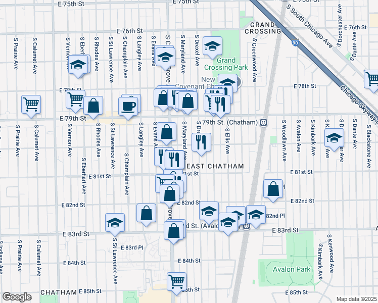 map of restaurants, bars, coffee shops, grocery stores, and more near 8009 South Maryland Avenue in Chicago