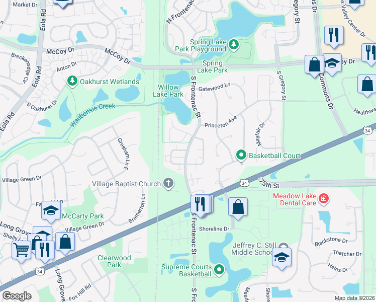 map of restaurants, bars, coffee shops, grocery stores, and more near 291 Park Ridge Lane in Aurora