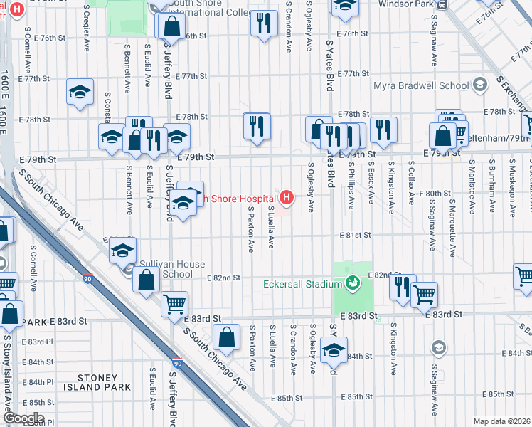 map of restaurants, bars, coffee shops, grocery stores, and more near 8008 South Luella Avenue in Chicago