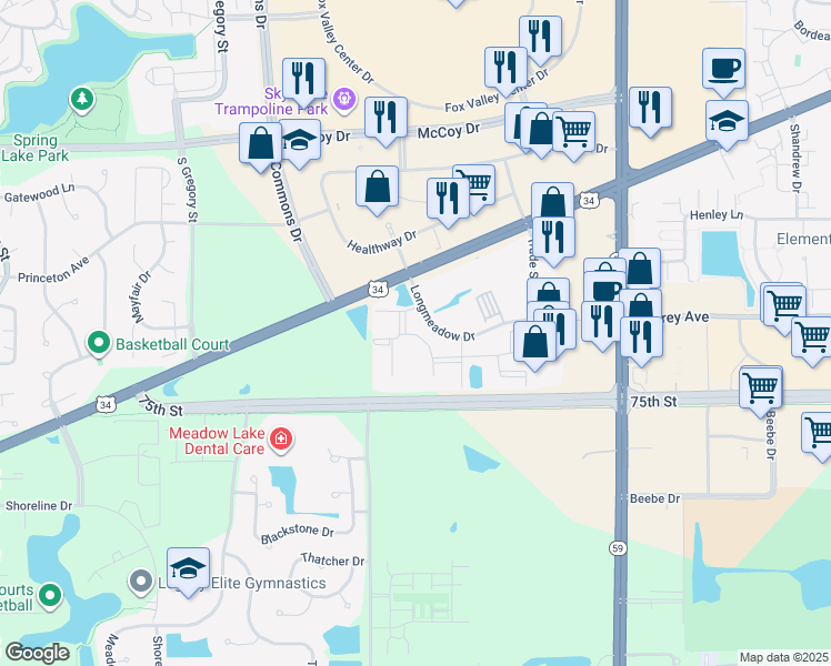 map of restaurants, bars, coffee shops, grocery stores, and more near 4122 Longmeadow Drive in Aurora