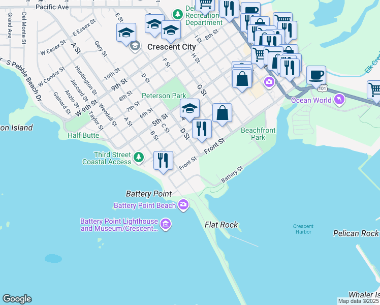 map of restaurants, bars, coffee shops, grocery stores, and more near 347 2nd Street in Crescent City