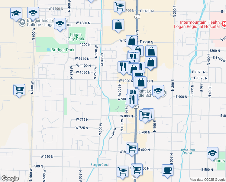 map of restaurants, bars, coffee shops, grocery stores, and more near 1650 North 150 West in Logan