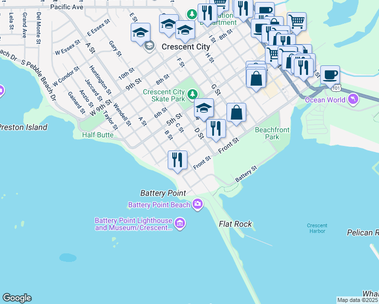 map of restaurants, bars, coffee shops, grocery stores, and more near in Crescent City