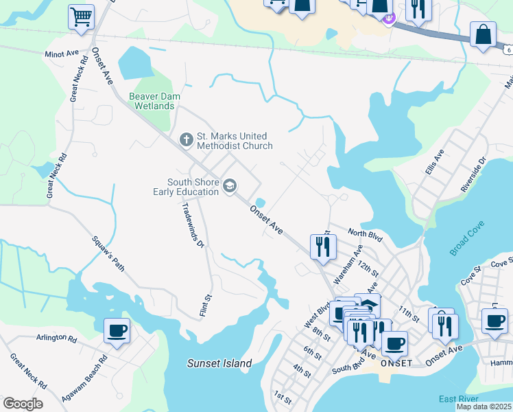 map of restaurants, bars, coffee shops, grocery stores, and more near 4 Old Onset Road in Wareham