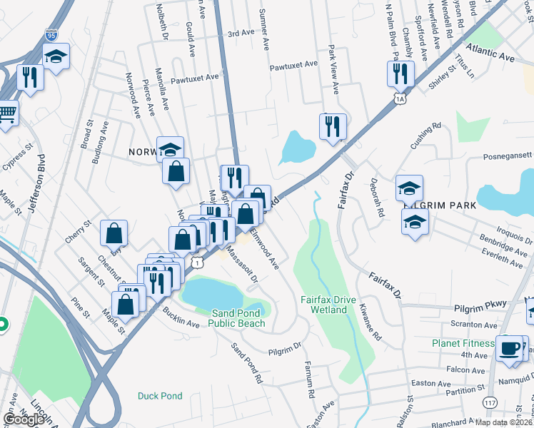 map of restaurants, bars, coffee shops, grocery stores, and more near 6 Rosewood Avenue in Warwick