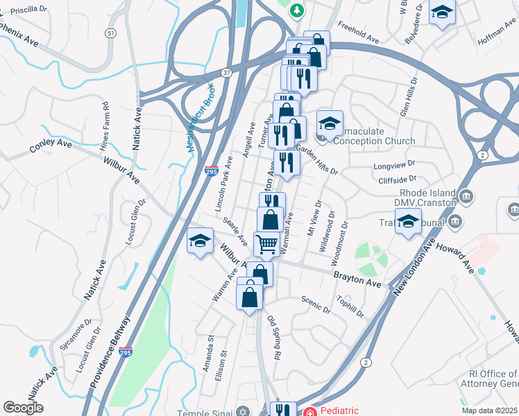 map of restaurants, bars, coffee shops, grocery stores, and more near 47 Turner Avenue in Cranston