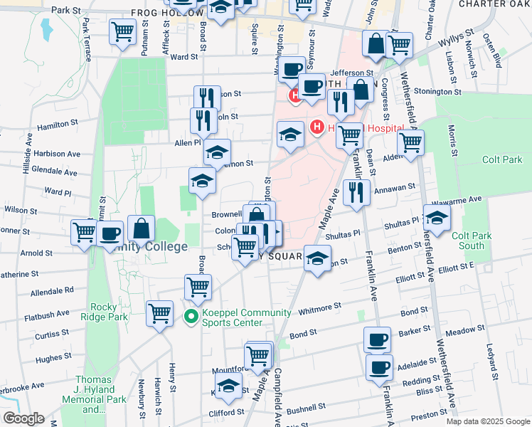 map of restaurants, bars, coffee shops, grocery stores, and more near 405 Washington Street in Hartford