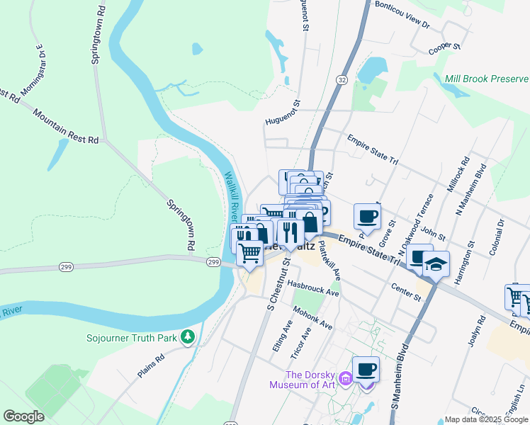 map of restaurants, bars, coffee shops, grocery stores, and more near 28 Huguenot Street in New Paltz