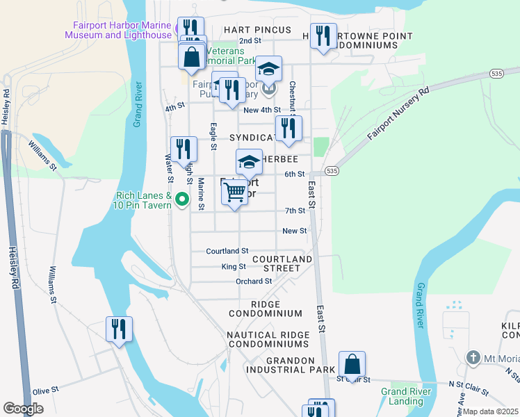 map of restaurants, bars, coffee shops, grocery stores, and more near 420 South Street in Fairport Harbor