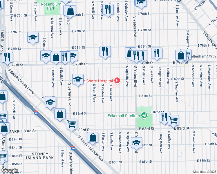 map of restaurants, bars, coffee shops, grocery stores, and more near 8008 South Luella Avenue in Chicago