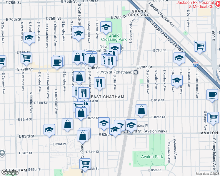 map of restaurants, bars, coffee shops, grocery stores, and more near 914 East 80th Street in Chicago