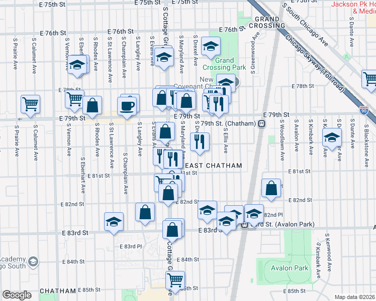 map of restaurants, bars, coffee shops, grocery stores, and more near 856 East 80th Street in Chicago