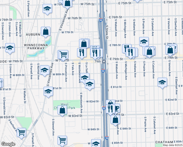 map of restaurants, bars, coffee shops, grocery stores, and more near 7943 South Perry Avenue in Chicago