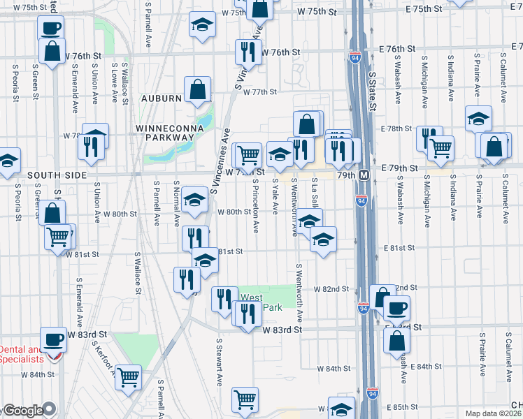 map of restaurants, bars, coffee shops, grocery stores, and more near 7945 South Princeton Avenue in Chicago