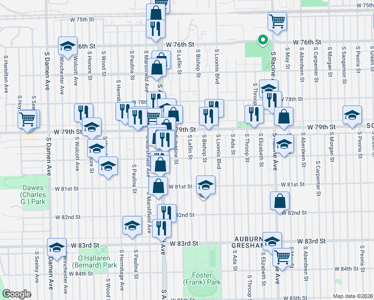 map of restaurants, bars, coffee shops, grocery stores, and more near 7926 South Laflin Street in Chicago