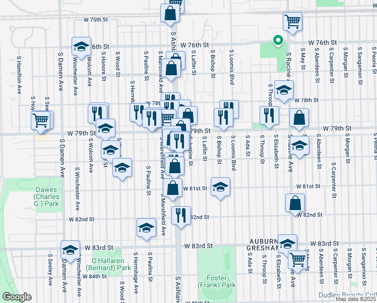 map of restaurants, bars, coffee shops, grocery stores, and more near 7927 South Ashland Avenue in Chicago
