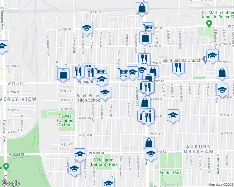 map of restaurants, bars, coffee shops, grocery stores, and more near 7928 South Hermitage Avenue in Chicago