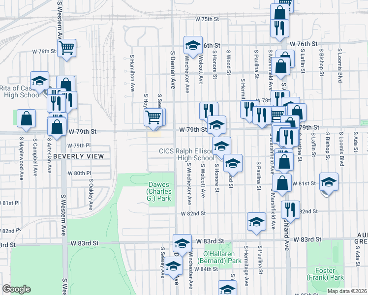 map of restaurants, bars, coffee shops, grocery stores, and more near 7920 South Winchester Avenue in Chicago