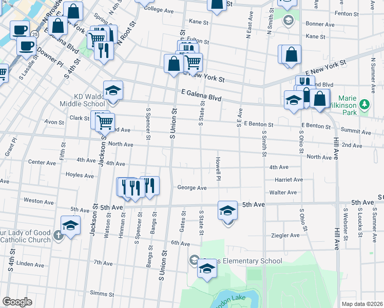 map of restaurants, bars, coffee shops, grocery stores, and more near 724 North Avenue in Aurora