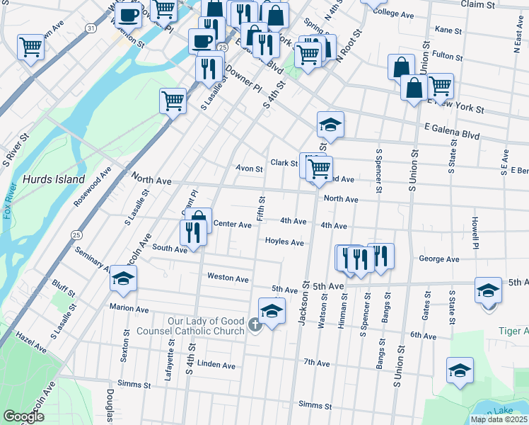 map of restaurants, bars, coffee shops, grocery stores, and more near 318 Fifth Street in Aurora