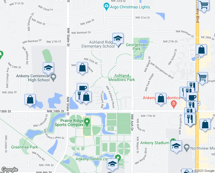 map of restaurants, bars, coffee shops, grocery stores, and more near 2201 Northwest Ashland Parkway in Ankeny