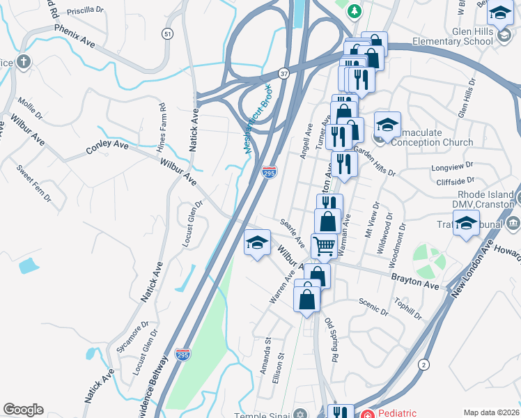 map of restaurants, bars, coffee shops, grocery stores, and more near 99 Searle Avenue in Cranston