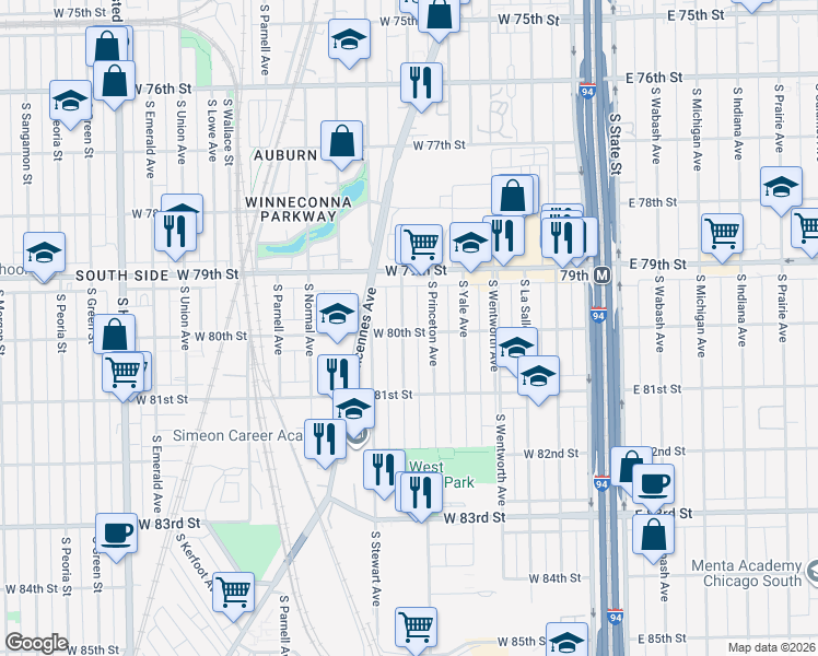 map of restaurants, bars, coffee shops, grocery stores, and more near 7943 South Harvard Avenue in Chicago